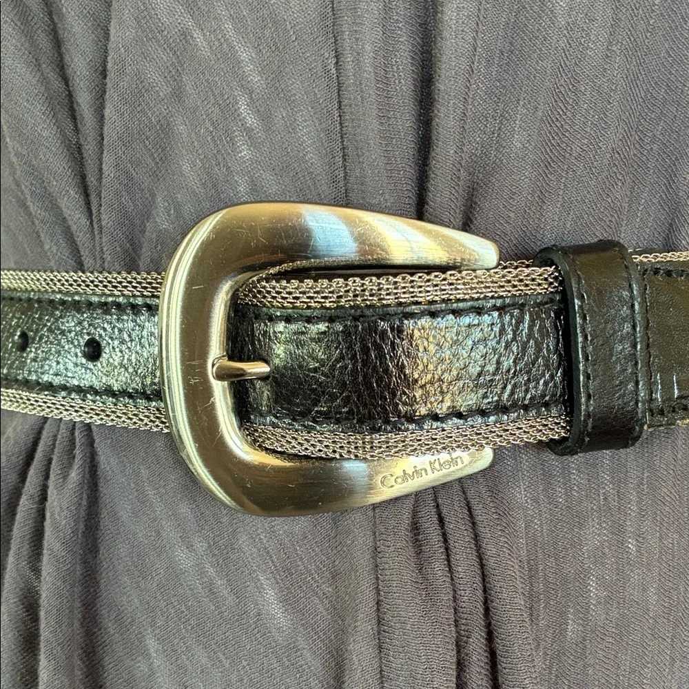CALVIN KLEIN Belt, Black Leather with Silver mesh edging, monogram buckle. M EUC
